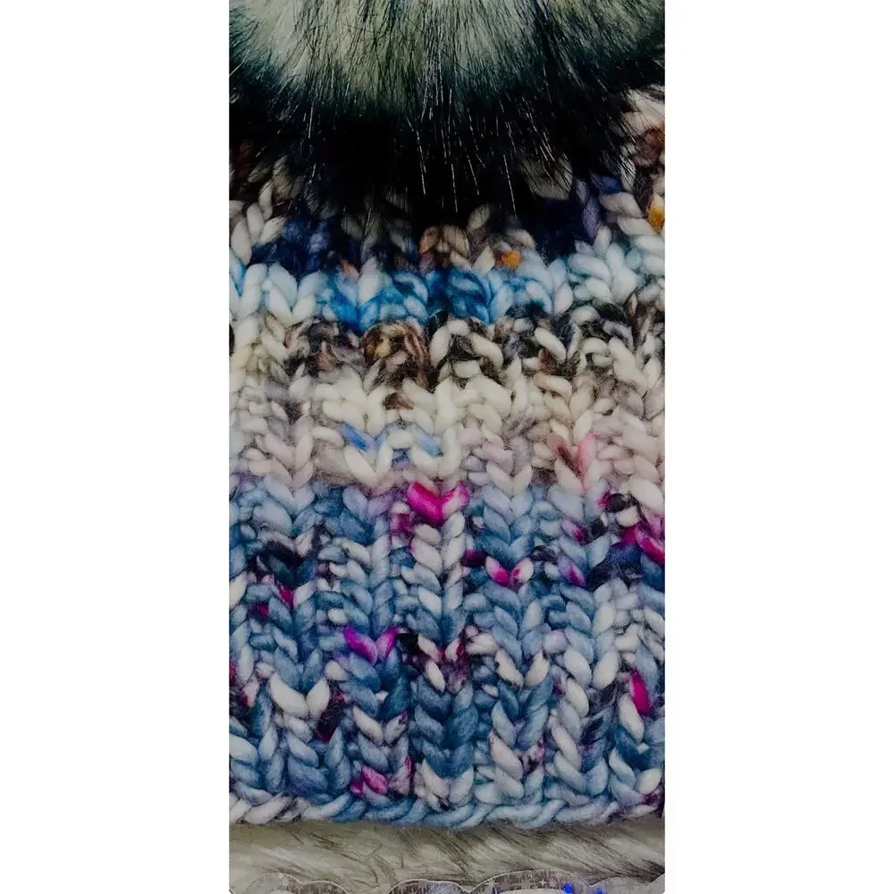 Hand Knit Scrappy Merino Wool Beanie: DefiKnitly Tasteful Knit Hat with Faux Fur